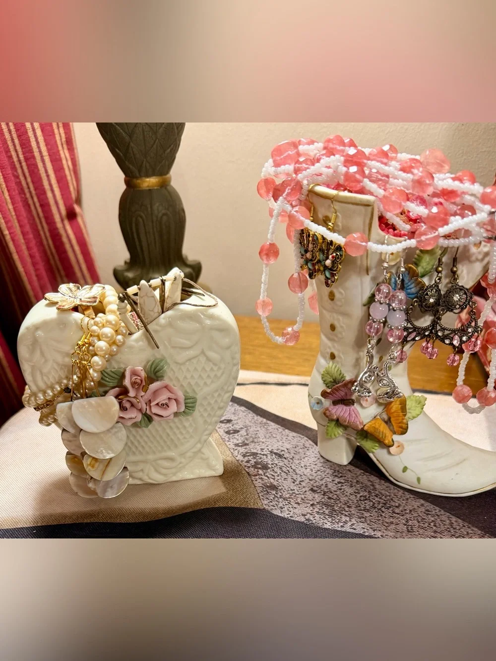 Ceramic Pink and White Decorative Boot Jewelry Holder - filled with jewelry